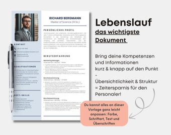Ansökningsmall på tyska | CV i tabellformat | Kreativt personligt brev, modernt försättsblad | Yrkesverksamma | Exempeldesign för studenter, blå, Canva
