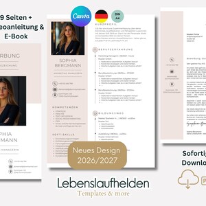 Pode incluir: Um conjunto de modelos de currículo digital com um layout profissional que inclui um espaço para foto, detalhes de contato, experiência profissional e seções de educação. Inclui texto como 9 Seiten, Videoanleitung, E-Book e Neues Design 2026/2027.