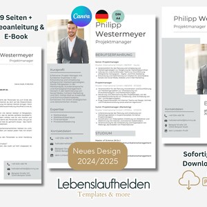 Może przedstawiać: Szablon CV w kolorze szarym i białym z fotografią mężczyzny w garniturze. Szablon jest przeznaczony dla kierownika projektu i zawiera sekcje dotyczące doświadczenia zawodowego, umiejętności, wykształcenia i danych kontaktowych. Szablon nosi tytuł "Lebenslaufhelden" i zawiera tekst "Neues Design 2024/2025".