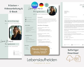 May include: A digital resume template set featuring a professional layout with a profile photo, contact details, work history, and skills sections. The design includes soft green accents, black text, and a document format labeled as DIN A4.