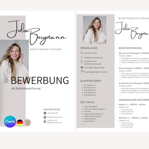 Application template German | Curriculum Vitae | creative cover letter modern cover sheet | Professionals | Student Sample Design CANVA!