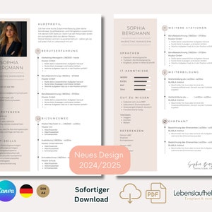 Może przedstawiać: Szablon CV w kolorze beżowym i białym z fotografią kobiety w lewym górnym rogu. CV jest zatytułowane "Sophia Bergmann, Kierownik ds. Marketingu". CV zawiera sekcje dla "Kurzprofil", "Berufsfahrung", "Kompetenzen", "Skills", "Bildungsweg", "Sprachen", "IT-Kenntnisse", "Gut zu Wissen", "Referenzen", "Weitere Stationen", "Weiterbildung", "Ehrenamt". CV zawiera również sekcję dla "Neues Design 2024/2025".