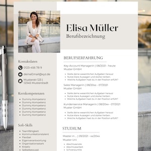 Pode incluir: Um modelo de currículo com uma foto de uma mulher, informações de contato, competências principais, habilidades interpessoais, experiência profissional e educação. O currículo é intitulado "Elisa Müller" e inclui o texto "Key-Account Managerin | 08/2021 - hoje Muster GmbH", "Sales Managerin | 08/20xx - 07/2021 Muster GmbH", "Kundenservice Managerin | 08/20xx - 07/2021 Muster GmbH" e "Master in... | 09/2021 - xx/20xx Muster Uni".