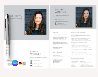 May include: A professional resume template with a photo of a woman, contact information, and sections for profile, work experience, and skills. A silver pen is placed on the left side of the resume. The resume is designed in a modern style.