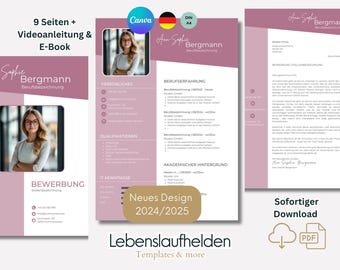 May include: A pink and white resume template with a photo of a woman, the text "Neues Design 2024/2025" and the words "Lebenslaufhelden Templates & more".