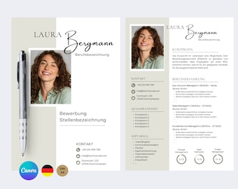 May include: A light beige resume template with a photo of a woman smiling. The resume includes the name Laura Bergmann, contact information, qualifications, soft skills, work experience, and a skills chart. The skills chart shows percentages for change management, agile methodology, and project management.