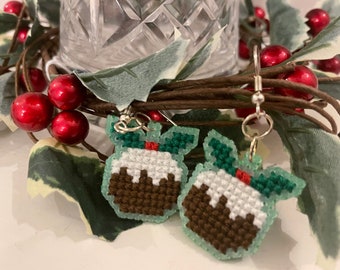 Christmas pudding cross stitch earrings