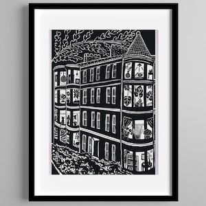 Glasgow Scotland Tenement Building Windows Print: Black and White Illustration