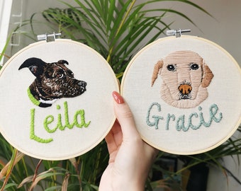 Custom / commissioned hand embroidered pet portrait with name - 6 inches embroidery hoop - made to order