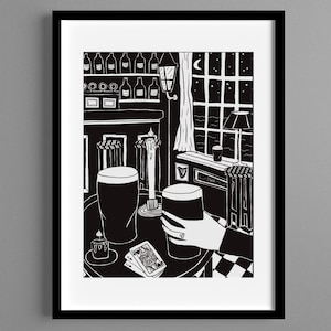 Pub Illustration Print Guinness Pints Irish Bar B&W Claddagh Ring Slainte Ireland image 1