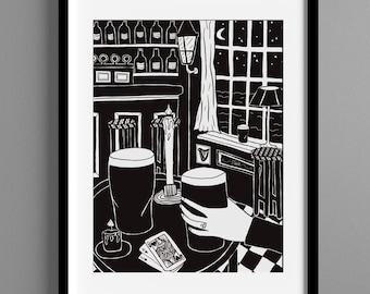 Pub Illustration Print Guinness Pints Irish Bar B&W Claddagh Ring Slainte Ireland