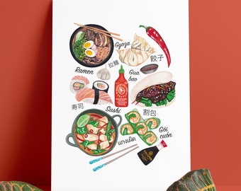Asian Food Kitchen Poster Illustration Print: Sushi, Ramen, Gyoza