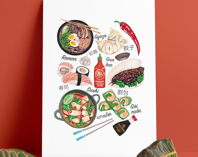 Asian Food Sushi Bao Gyoza Sriracha Japanese Ramen Soy Sauce Chilli A4 A3 A2 Kitchen Wall Print Poster Hand Painted Illustration Unframed