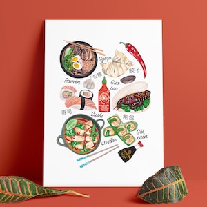 May include: A white background with illustrations of various Asian dishes, including ramen, sushi, gyoza, gua bao, goi cuon, and tom yum. The text in the image includes the names of the dishes in English, Japanese, and Vietnamese.