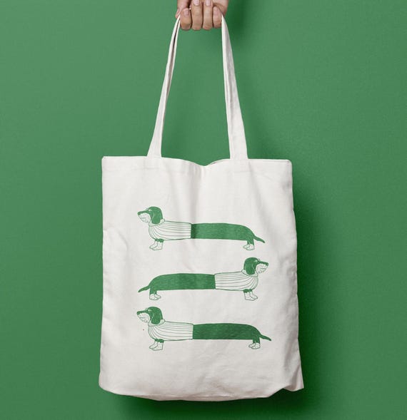 Bolso de mano con ilustración de perro salchicha, teckel, de pelo