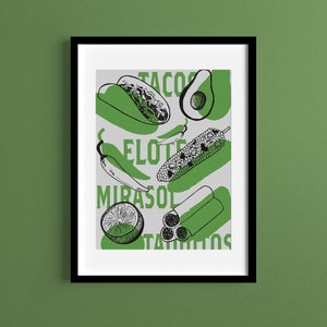 Mexikanisches Essen Tacos Elote Taquitos Mexiko A5 A4 A3 A2 Küche Wand Druck Poster Illustration Ungerahmt