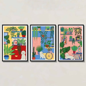 Colourful House Plants Dog Home Illustration Wall Print Poster Wall Art Set Of 3 Prints Or Individuals A5 or A4 Unframed