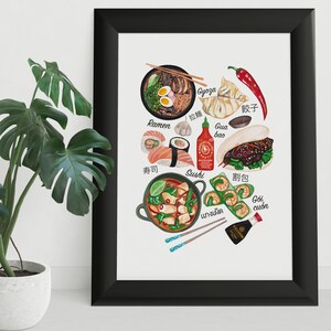 May include: A watercolor illustration of various Asian dishes, including ramen, sushi, gyoza, gua bao, and goi cuon. The illustration is set against a white background and includes text in both English and Asian languages.