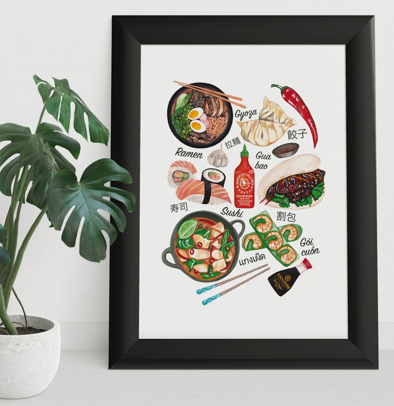 May include: A watercolor illustration of various Asian dishes, including ramen, sushi, gyoza, gua bao, and goi cuon. The illustration is set against a white background and includes text in both English and Asian languages.