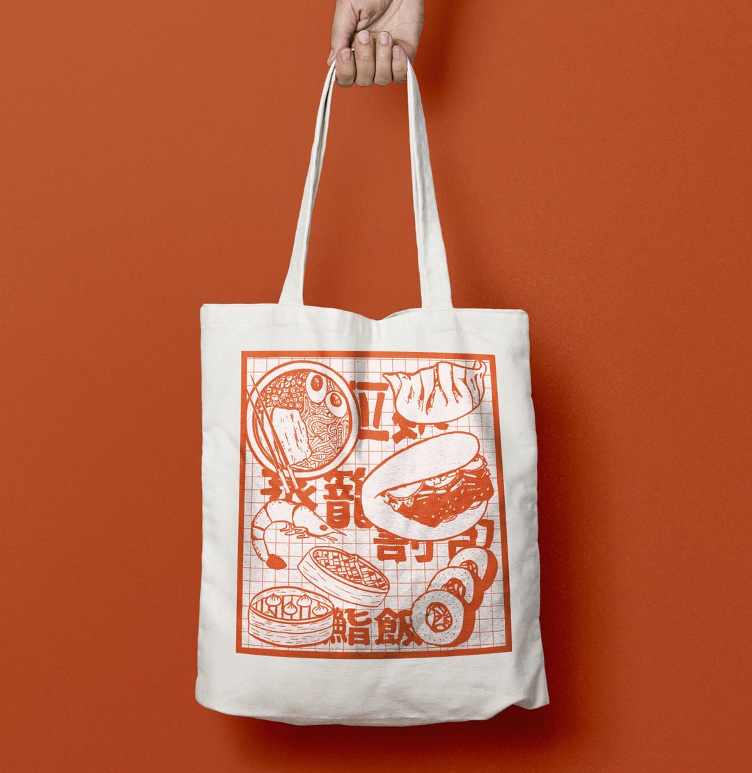 Asian Food Graphic Illustrated Cotton Tote Bag Print Ramen Gyoza