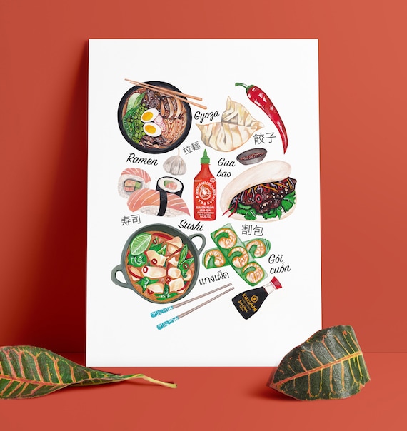 Asian Food Illustration Print: Sushi, Ramen, Gyoza (Unframed)