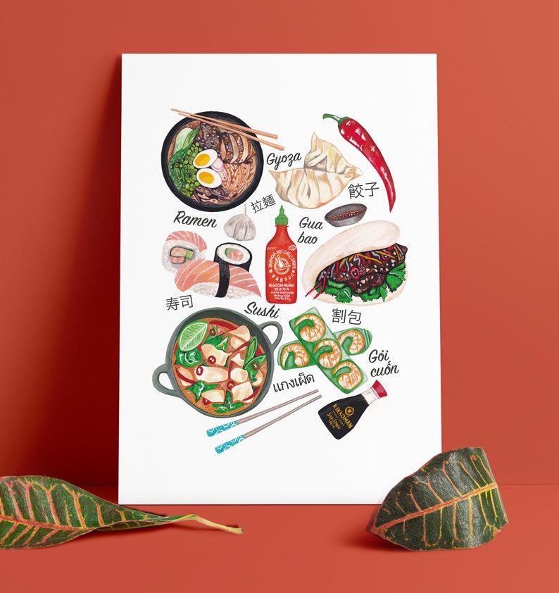 May include: A white background with illustrations of various Asian dishes, including ramen, sushi, gyoza, gua bao, goi cuon, and tom yum. The text in the image includes the names of the dishes in English, Japanese, and Vietnamese.