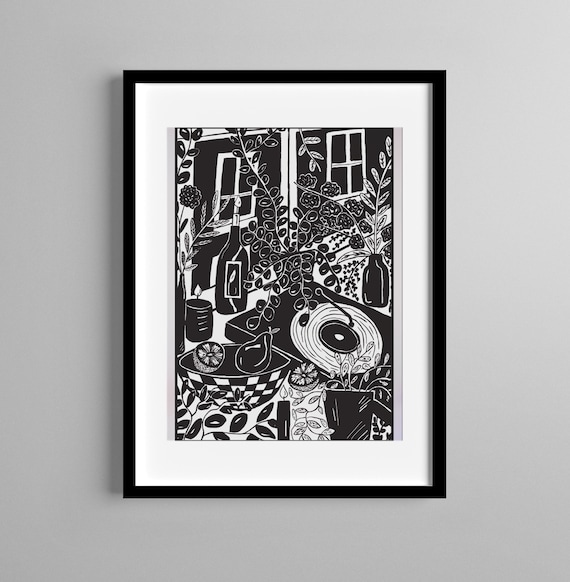 Monochrome House Plants Illustration Print: Vinyl Music Still Life