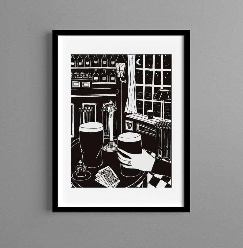 Pub Illustration Print Guinness Pints Irish Bar B&W Claddagh Ring Slainte Ireland image 1