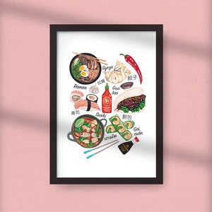 May include: A white background with illustrations of various Asian dishes, including ramen, sushi, gyoza, gua bao, goi cuon, and a Thai curry. The dishes are labeled in English, Japanese, and Thai.