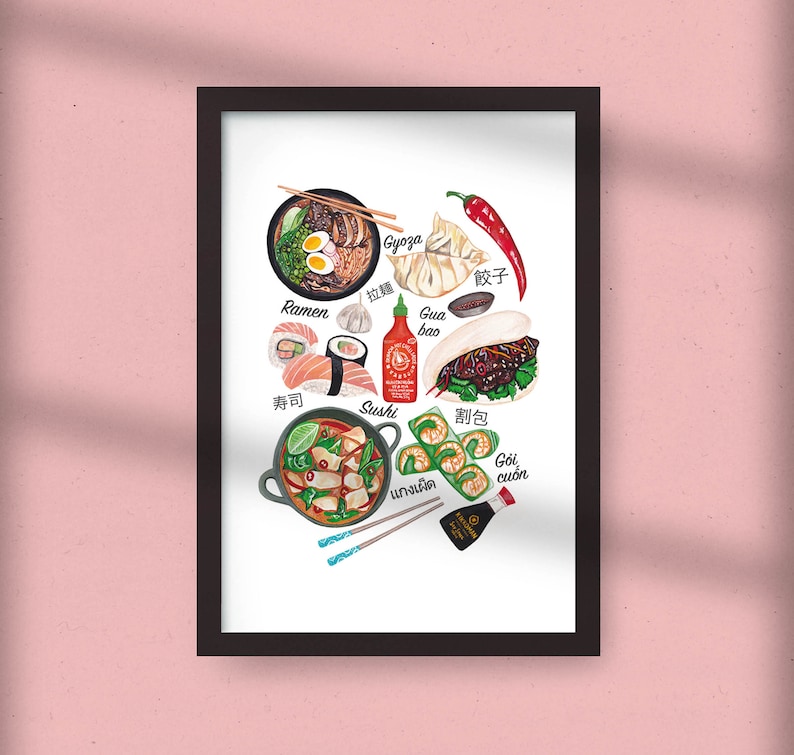 May include: A white background with illustrations of various Asian dishes, including ramen, sushi, gyoza, gua bao, goi cuon, and a Thai curry. The dishes are labeled in English, Japanese, and Thai.