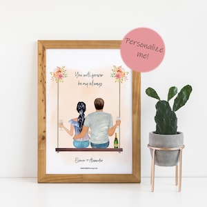 Em um balanço! Dia de São Valentim! Personalize seus personagens! Desenhos animados personalizados, presenteie casais, famílias.