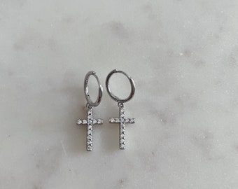 Cross Silver Huggies, Earrings, Hoops, Studs, 925 Silver