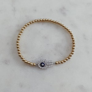Gold Bead Bracelet Large Hamsa/Evil Eye, Gold Filled, Beaded Bracelet, Stacking Bracelet, Birthday Gift, Gift for her