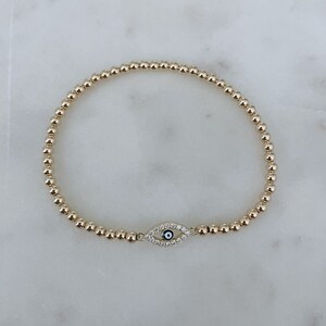 Gold Bead Evil Eye Bracelet, Gold Filled, Stretch Bracelet, Stacking, Gift
