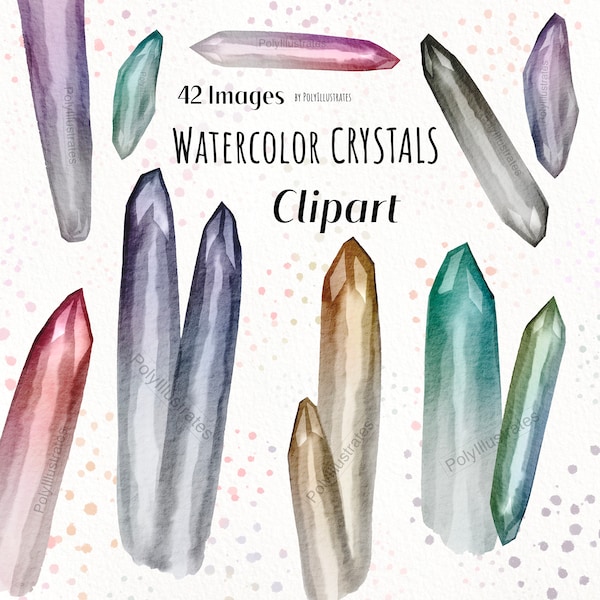 Watercolor Crystal Gems Clipart, Quartz Handmade Illustration, Mineral Jewel Artwork, Commercial Use Clipart, Natural Stone Wall Art
