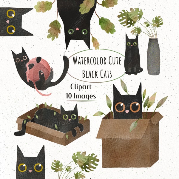 Watercolor Black Cats Clipart, Cute Pet Illustrations, Commercial Use PNG, Feline Artwork, Cartoon Cats Digital Download, Cat in a box PNG