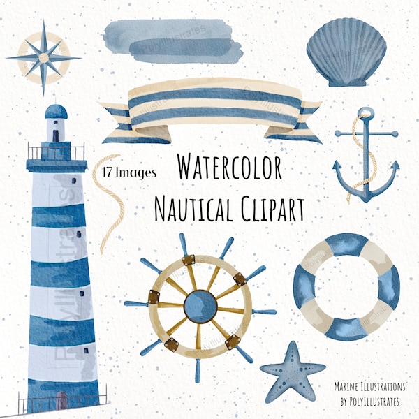 Watercolor Nautical Clipart, Marine Handmade Illustrations, Commercial Use Clipart, Blue Lighthouse Artwork, Sea Drawing, Ocean Supplies PNG