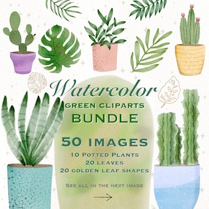 Imágenes prediseñadas de hojas de plantas de acuarela, PAQUETE de plantas y hojas en macetas, conjunto de flores verdes, ilustraciones de la naturaleza con pincel de agua, obras de arte de cactus