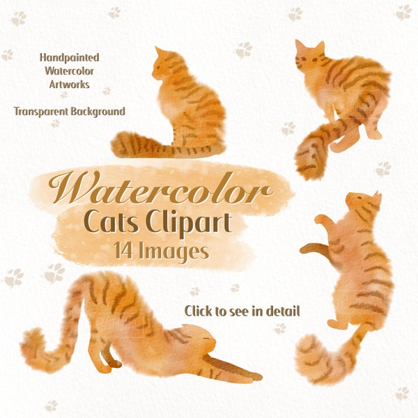 Watercolor Ginger Cats Clipart, Feline Pet Illustration, Orange Cat Artwork, Instant Download PNG, Commercial Use Clip Art, Customizable Art