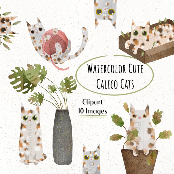 Calico Cats Watercolor Clipart, Cute Pet Digital Download, Feline Artwork, Commercial Use PNG, Cartoon Cats Illustrations , Cat in a box PNG