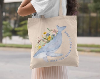 Whale Tote Bag Trendy Tote Bag Nature Tote Botanical Tote Bag Cottagecore Bag Orca Whale Save The Ocean Environmental Aesthetic Tote Bag