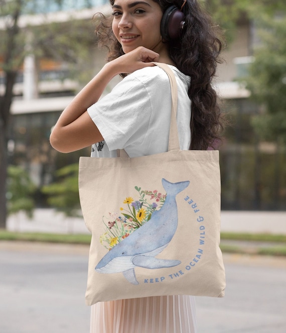 Whale Tote Bag Trendy Tote Bag Nature Tote Botanical Tote Bag Cottagecore Bag Orca Whale Save The Ocean Environmental Aesthetic Tote Bag