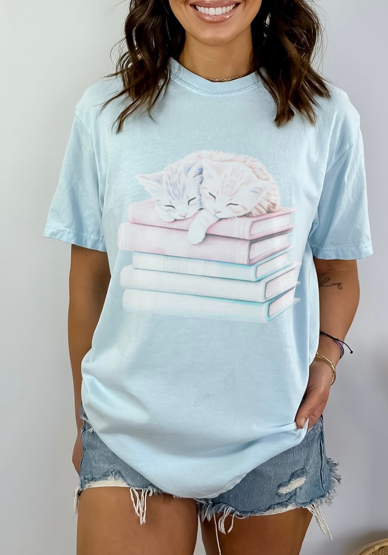 Cat Mom Shirt Coquette Clothing Coquette Shirt Book Lover T Shirt Reader Bookish Tee Cat Themed Gifts For Women Cute Animal Tee Coquette Top Chambray