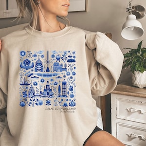 Delft Holland Sweatshirt The Netherlands South Holland European Vacation Amsterdam Dutch Gift Folk Art Europe Location Cottagecore Sweater Sand