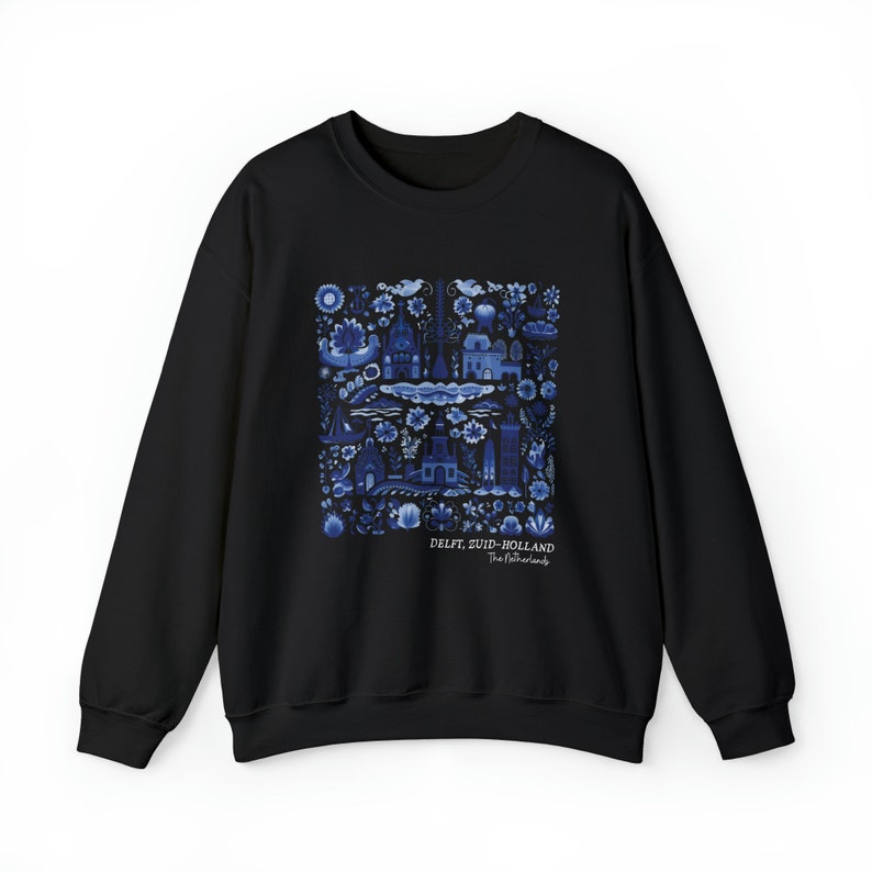 Delft Holland Sweatshirt The Netherlands South Holland European Vacation Amsterdam Dutch Gift Folk Art Europe Location Cottagecore Sweater Black