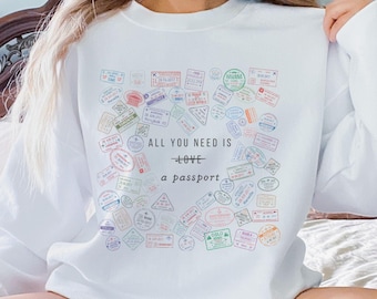 Pass Briefmarken Sweatshirt Reise Liebhaber Pullover Wanderlust Crewneck Vintage Traveller Top Traveler Geschenke Flugbegleiter Geschenk Reisepullover