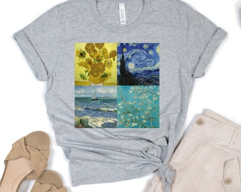 Van Gogh Artist T-Shirt, Famous Paintings, Starry Night, Sunflowers Portrait, Almond Blossoms, Seascape, Art Lover Gift Tshirt