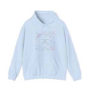 Passport Stamps Hoodie Travel Lover Sweatshirt Wanderlust Hoodie Vintage Traveler Gifts Retro Jetsetter Flight Attendant Gift Travel Hoodie Light Blue