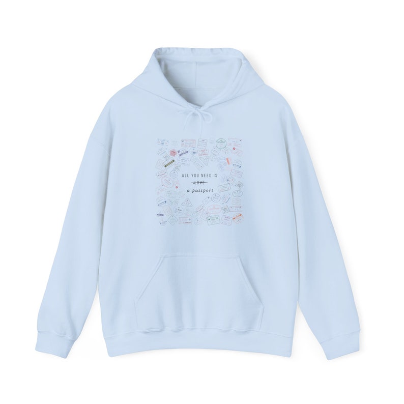 Passport Stamps Hoodie Travel Lover Sweatshirt Wanderlust Hoodie Vintage Traveler Gifts Retro Jetsetter Flight Attendant Gift Travel Hoodie Light Blue
