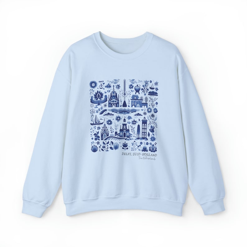 Delft Holland Sweatshirt The Netherlands South Holland European Vacation Amsterdam Dutch Gift Folk Art Europe Location Cottagecore Sweater Light Blue